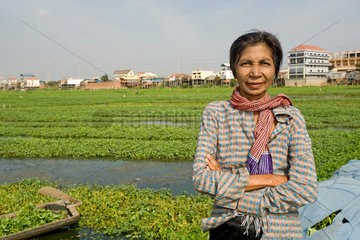 Phnom Penh  Kambodscha  eine kambodschanische Baeuerin auf einer Wasserspinatplantage