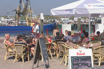 Oudeschild  Niederlande  Strassencafe am Hafen von Oudeschild
