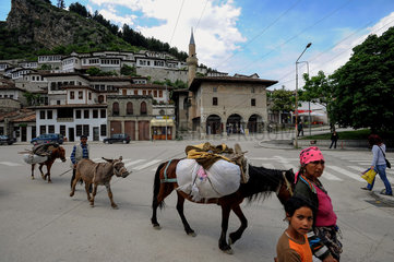Berat  Albanien  Einheimische mit Eseln in den Strassen der Stadt