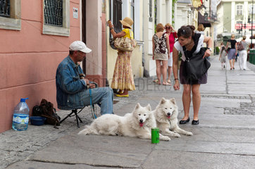 Posen  Polen  Bettler sitzt mit zwei Hunden am Alten Markt