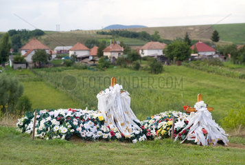 Cered  Ungarn  zwei geschmueckte Graeber auf dem Friedhof