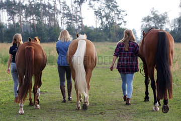 Brieselang  Deutschland  Maedchen gehen gemeinsam mit ihren Pferden spazieren