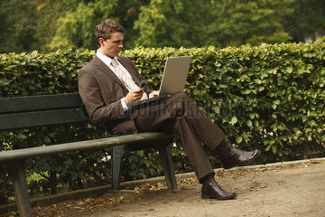 Deutschland  ein junger Mann sitzt im Park an seinem Laptop und telefoniert