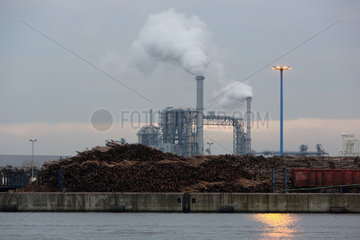 Wismar  Deutschland  rauchende Schornsteine der Industrieanlage Klausner Nordic Timber