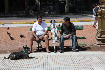 Buenos Aires  Argentinien  zwei Maenner auf einer Parkbank mit Hunden