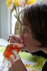 Goehren-Lebbin  Deutschland  Junge trinkt Tee aus einem Glas