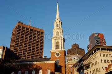 Steeple of the historic Park Street Church in Boston  Massachusetts  USA