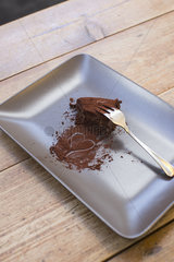 Heart drawn in cocoa powder and half eaten chocolate cake