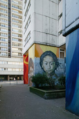 Berlin  kuenstlerisches Grafitti an einem Wohnblock