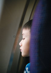 Ein Junge schaut neugierig aus dem Fenster eines Flugzeugs
