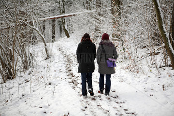 Tiefensee  Deutschland  zwei Frauen laufen einen verschneiten Waldweg entlang
