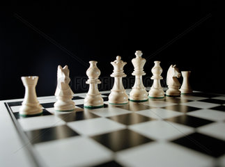 Eine Reihe von Schachfiguren auf einem Spielbrett