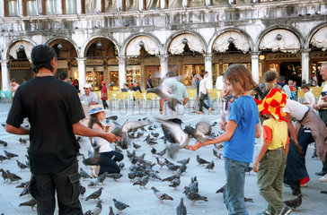 Venedig - Kinder fuettern Tauben auf dem Markusplatz