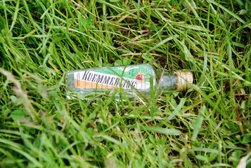 Leere Kuemmerling-Flasche im Gras