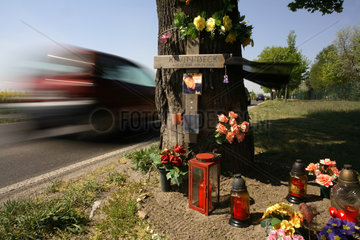 Ahrensfelde  Holzkreuz fuer ein Verkehrsopfer an der Unfallstelle