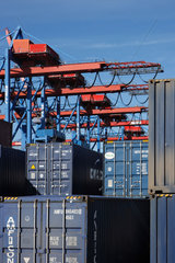 Hamburg  Deutschland  Container und Containerbruecken auf dem Containerterminal