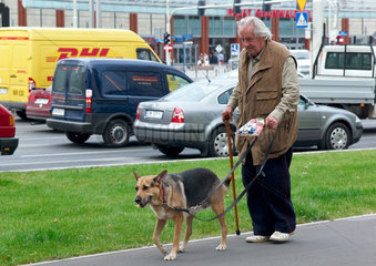 Breslau  Polen  ein alter Mann geht mit seinem Schaeferhund spazieren