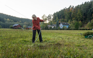 Alberschweiler  Frankreich  eine Frau maeht das Gras mit einer Sense