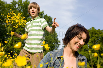 Potsdam  Deutschland  Mutter und Sohn auf einer Blumenwiese