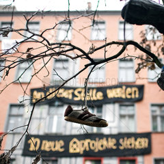 Berlin  Deutschland  Schuh haengt im Baum vor der Liebigstrasse 14