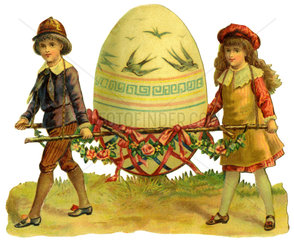 Kinder tragen riesiges Osterei  1890