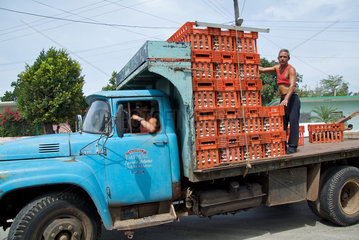 Havanna  Kuba  LKW beladen mit Eierpackungen auf der Strasse