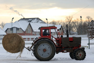 Koenigs Wusterhausen  Deutschland  Strohballen wird mit einem Traktor transportiert