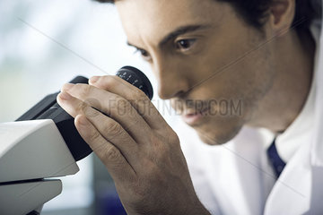 Scientist analyzing specimen under microscope
