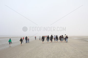 Sankt Peter-Ording  Deutschland  Spaziergaenger bei Nebel am Strand