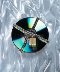 CD-ROMs mit Kette und Schloss gesichert