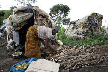Goma  Demokratische Republik Kongo  Frau sammelt Feuerholz vor ihrer Huette