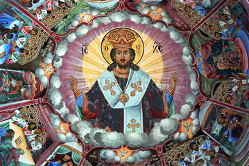 Wandgemaelde an der Sveta Bogorodica im Rila-Kloster  einem Wahrzeichen Bulgariens