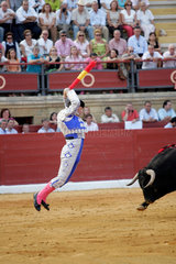 Ein Banderillero ist gerade dabei  den Stier mit der Banderillas zu erstechen  Spanien