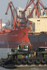 Shanghai  Schiffe werden im Hafen entladen