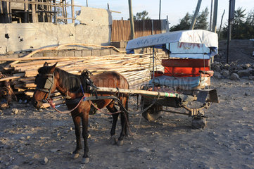 Gondar  Aethiopien  Pferdekutsche vor einer Baustelle