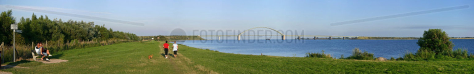 Strukkamphuk  Insel Fehmarn  Deutschland  Kuestenpanorama mit der Fehmarnsundbruecke