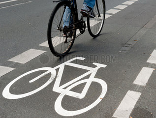 Berlin  Deutschland  Fahrradfahrer auf einem gekennzeichneten Fahrradweg