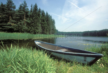 Ruderboot liegt am Ufer eines Sees