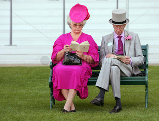 Ascot  Grossbritannien  elegant gekleidetes Paar sitzt auf einer Bank