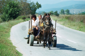 Bauernpaar faehrt mit einer Pferdekutsche durch die Gegend  Bulgarien