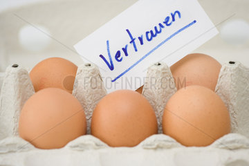 Stuttgart  Deutschland  eine Packung Eier mit dem Wort Vertrauen
