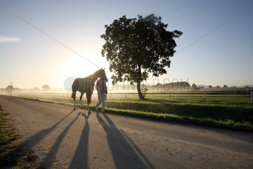 Iffezheim  Reiter fuehrt sein Pferd frueh am Morgen