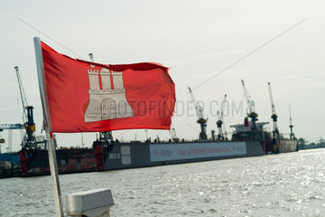 Hamburg  Hamburger Fahne mit Hamburger Hafen im Hintergrund