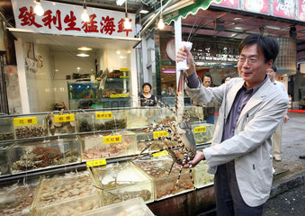 Hong Kong  China  Mann bietet eine grosse Languste an