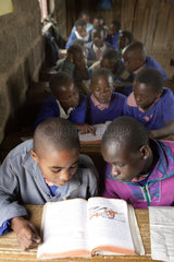 Kenia  Naro Moru  Schueler lesen im Unterricht