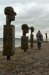 Greifswald  Deutschland  hoelzerne Skulpturen an der Daenischen Wiek