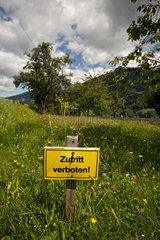 Feld am See  Oesterreich  Wiese mit Zutritt verboten Schild am Ufer des Brennsee