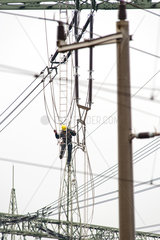 Bad Schandau  Deutschland  Arbeiter bringen eine Traverse an einem Strommasten an