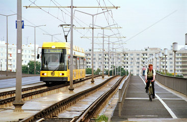 Strassenbahn auf der Carolabruecke in Dresden