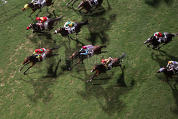 Hong Kong  Pferde und Jockeys im Rennen aus ungewoehnlicher Perspektive